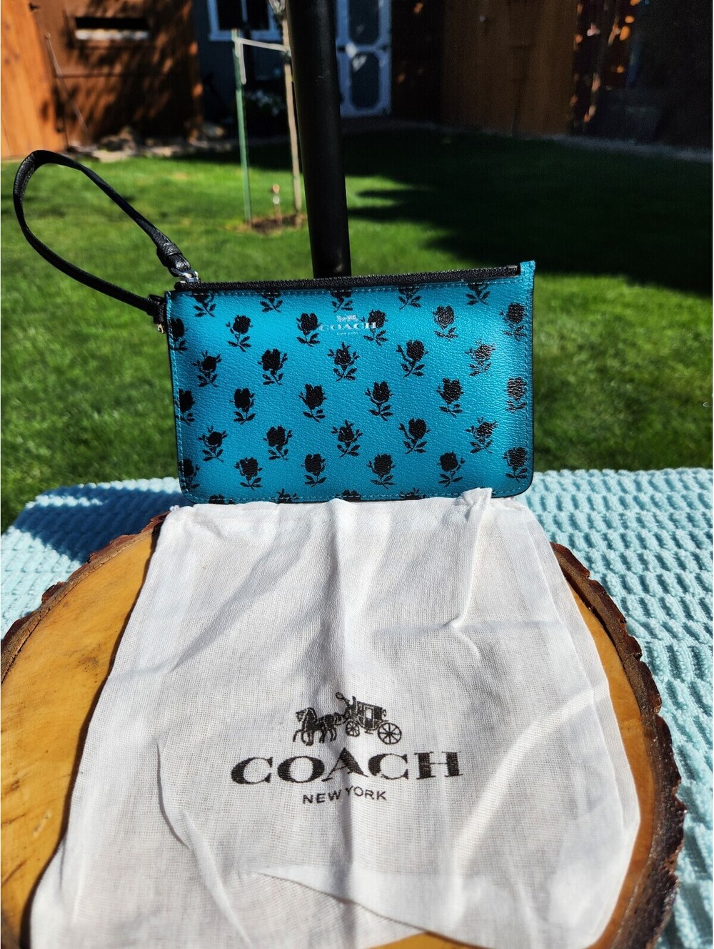Coach Badlands Blue and Black Rose Print Wristlet